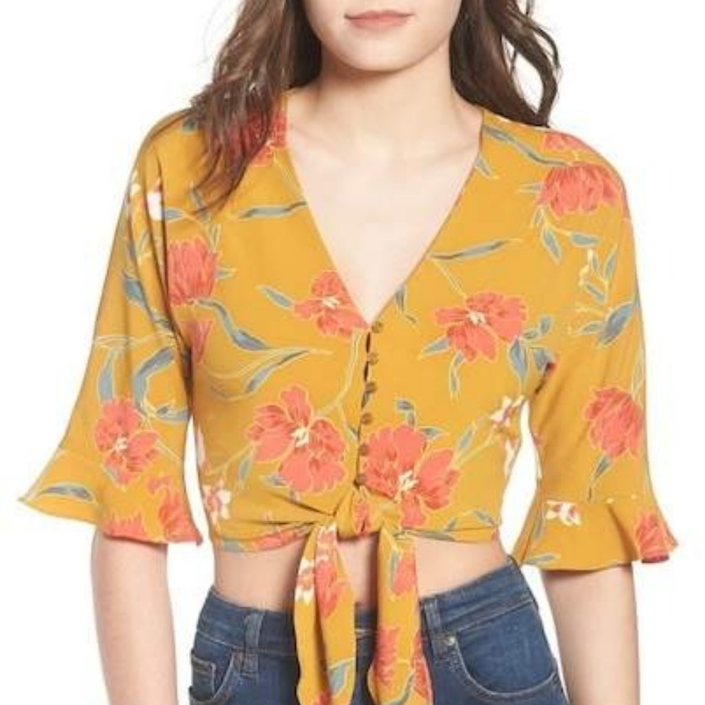Tie Front Crop Top, mustard multi floral.